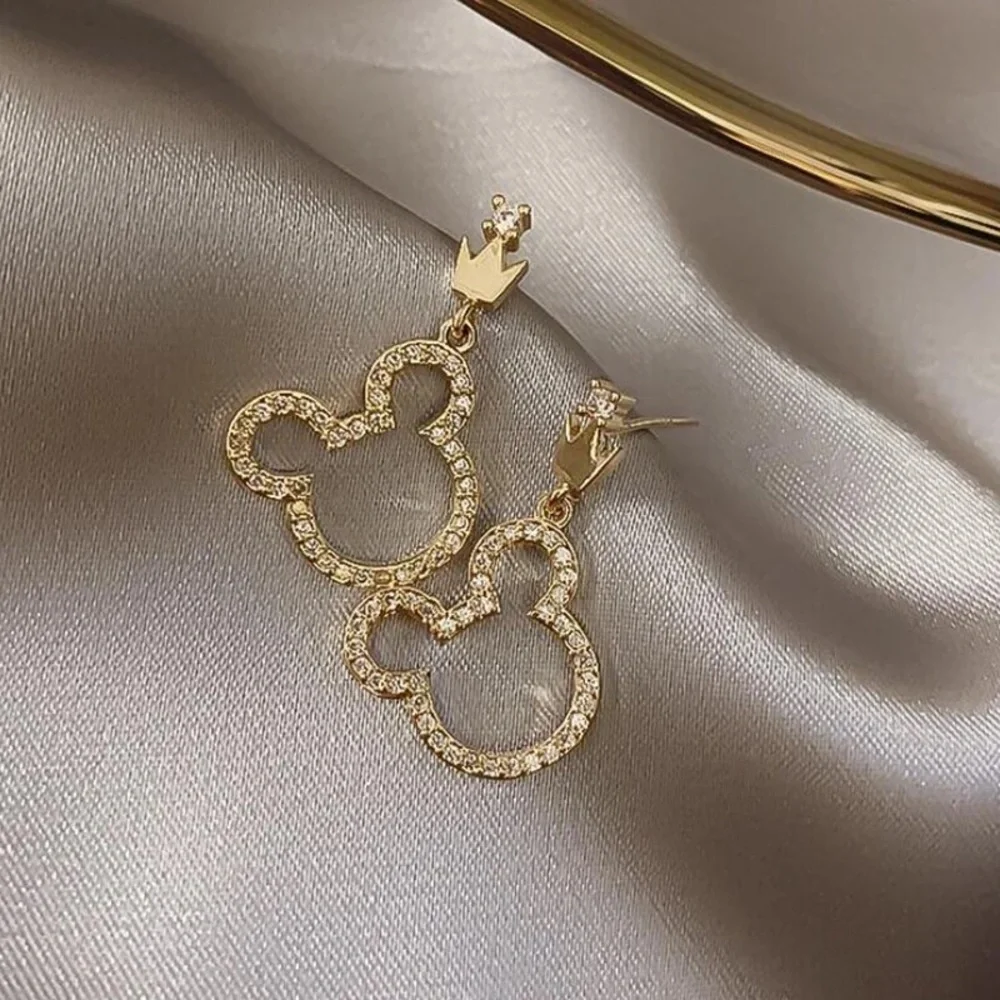 Mickey/Minnie Mouse Disney World Gold Diamond Cute Mini Dangle Gift Earrings - Picture 3 of 6
